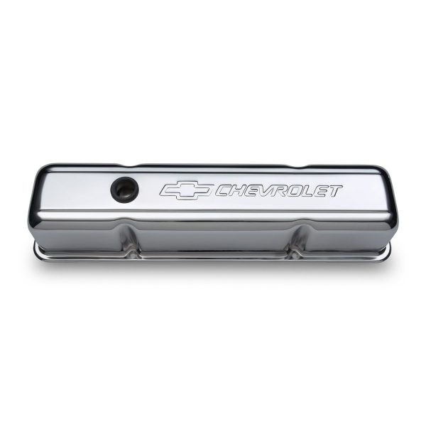 Engine Valve Covers; Stamped Steel; Tall; Chrome; w/ Bowtie Logo; Fits SB Chevy