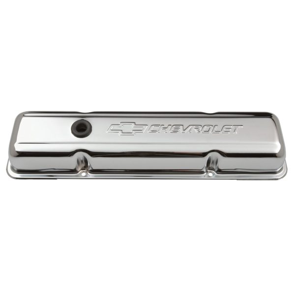 Engine Valve Covers; Stamped Steel; Short; Chrome; w/ Bowtie Logo; Fits SB Chevy