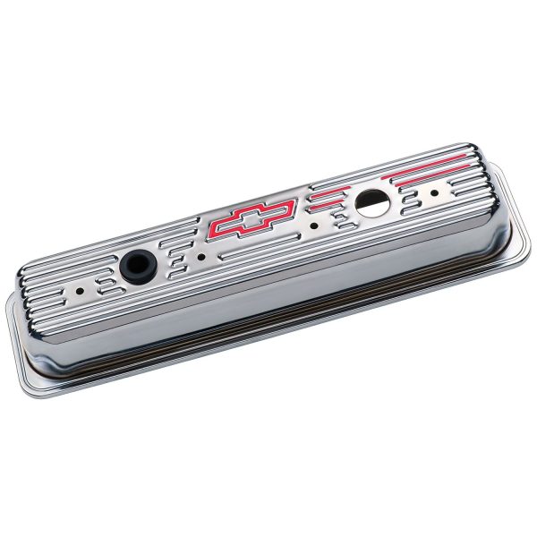 Engine Valve Covers; Center Bolt Style; Steel; Chrome w/Bowtie Logo; SB Chevy