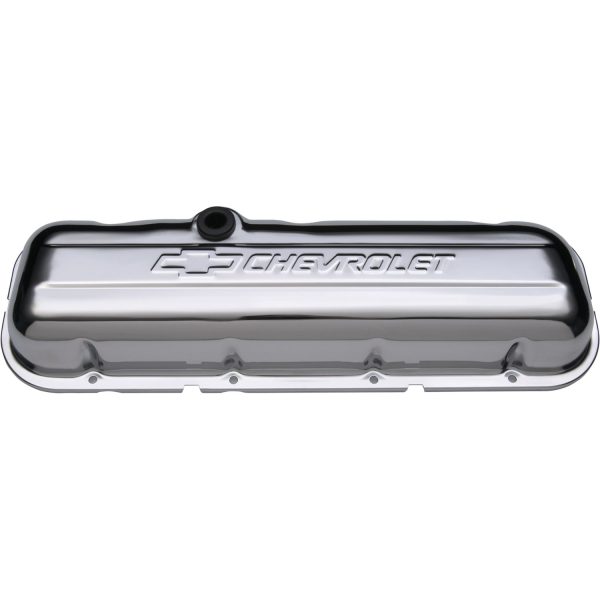 Engine Valve Covers; Stamped Steel; Short; Chrome; w/ Bowtie Logo; Fits BB Chevy