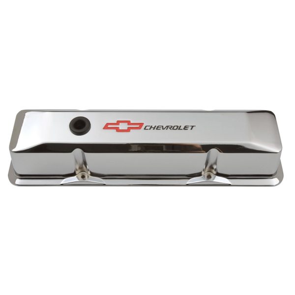 Engine Valve Covers; Tall Style; Die Cast; Chrome with Bowtie Logo; For SB Chevy