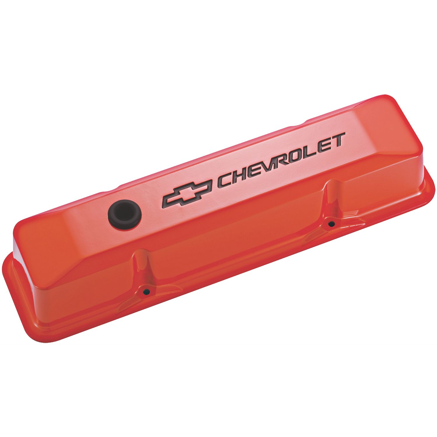Engine Valve Covers; Tall Style; Die Cast; Orange w Blk Bowtie Logo; SB Chevy