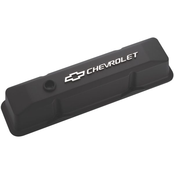 Engine Valve Covers; Tall Style; Die Cast; Black w Milled Bowtie Logo; SB Chevy