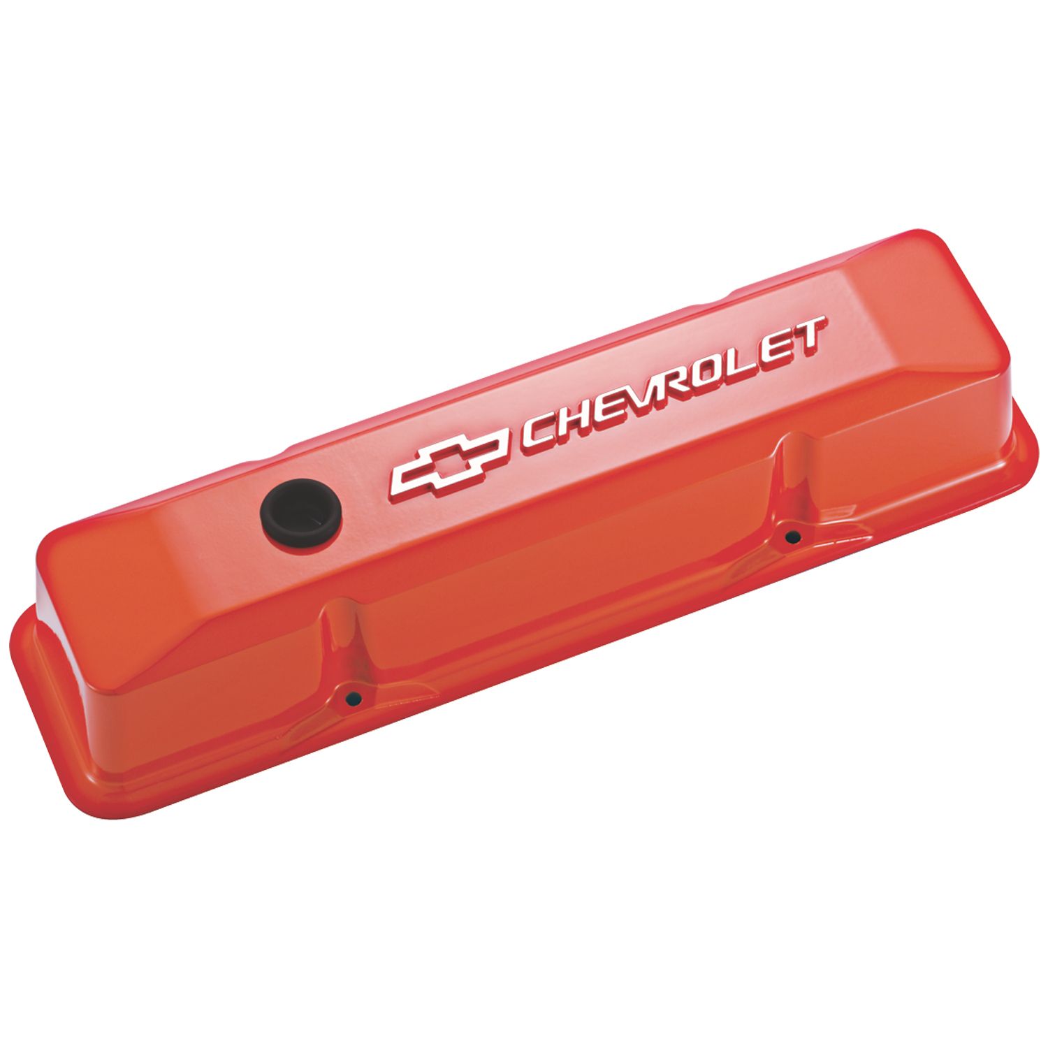 Engine Valve Covers; Tall Style; Die Cast; Orange w Milled Bowtie Logo; SB Chevy
