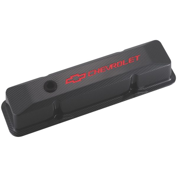 Engine Valve Covers; Tall Style; Die Cast; Carbon-Style w Red Bowtie Logo; SBC