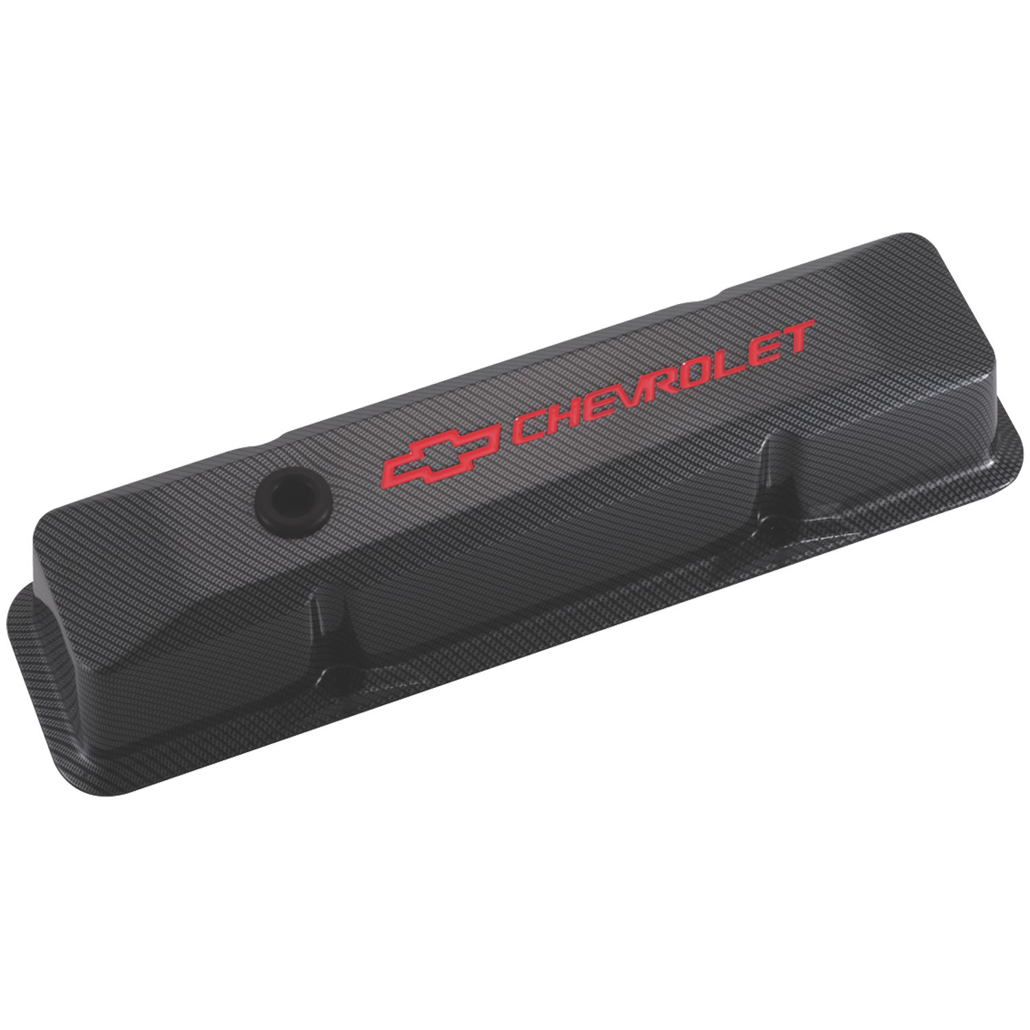 Engine Valve Covers; Tall Style; Die Cast; Carbon-Style w Red Bowtie Logo; SBC
