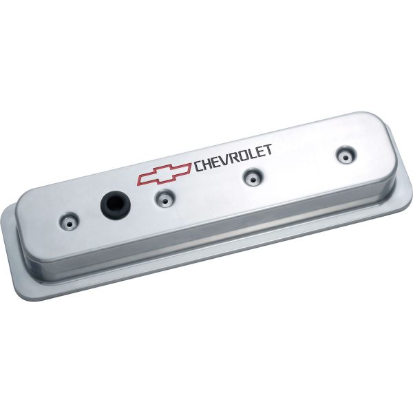 Engine Valve Covers; Center Bolt Style; Die Cast; Polish w/Bowtie Logo; SB Chevy