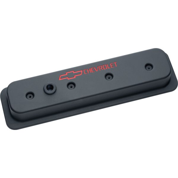 Engine Valve Covers; Center Bolt Style; Die Cast; Black w/ Bowtie Logo; SB Chevy