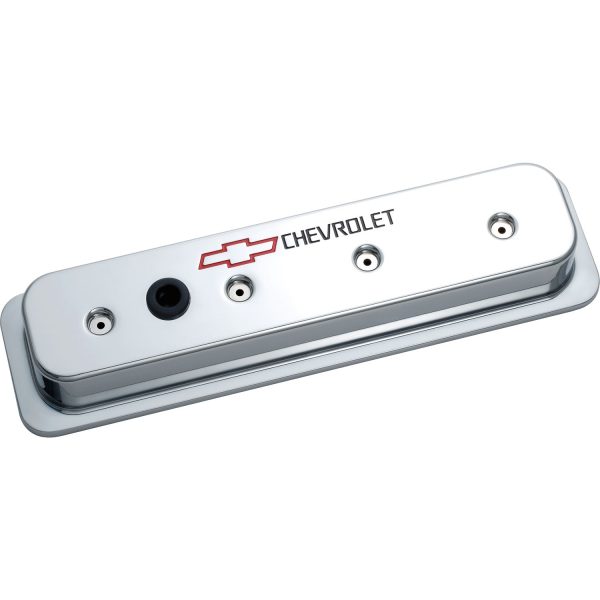 Engine Valve Covers; Center Bolt Style; Die Cast; Chrome w/Bowtie Logo; SB Chevy