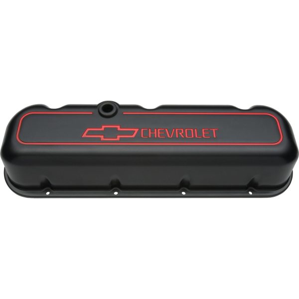 Engine Valve Covers; Tall Style; Die Cast; Black with Bowtie Logo; BB Chevy