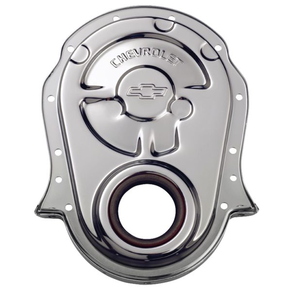 Engine Timing Chain Cover; Chrome; Steel; w/ Chevy and Bowtie Logo; For BB Chevy