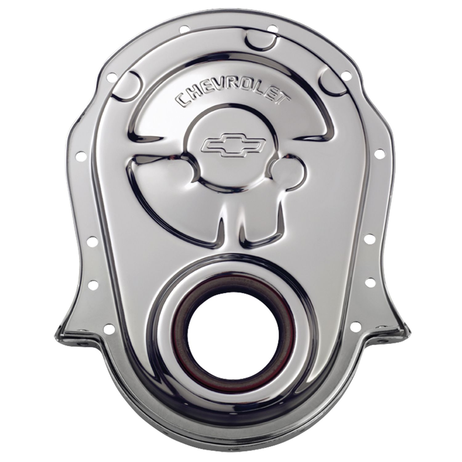 Engine Timing Chain Cover; Chrome; Steel; w/ Chevy and Bowtie Logo; For BB Chevy