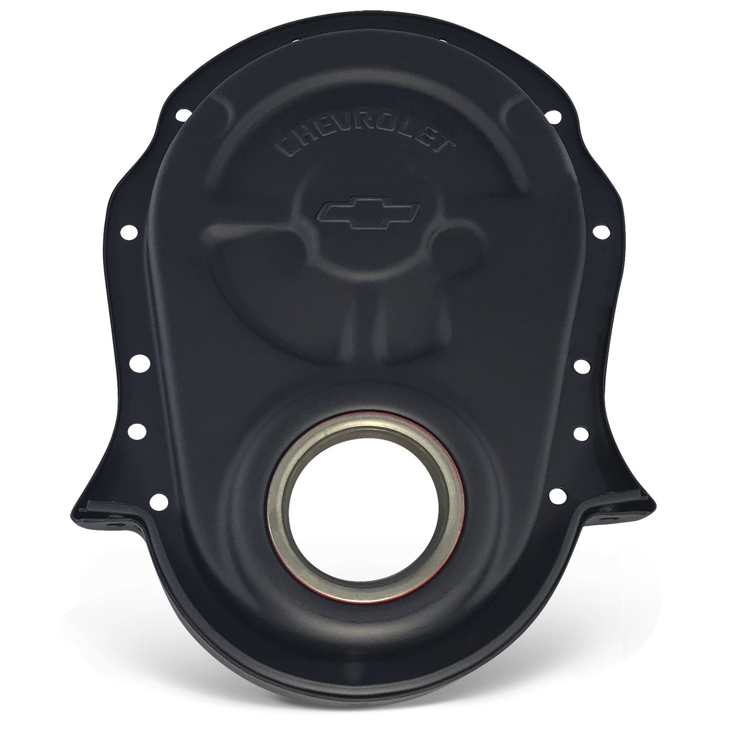 Engine Timing Chain Cover; Black Crinkle; Steel; Chevy/Bowtie Logo; BB Chevy