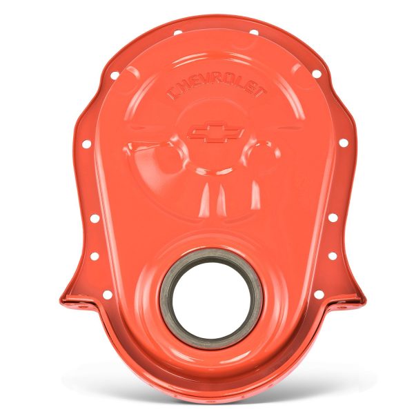 Engine Timing Chain Cover; Chevy Orange; Steel; Embossed Bowtie Logo; BB Chevy