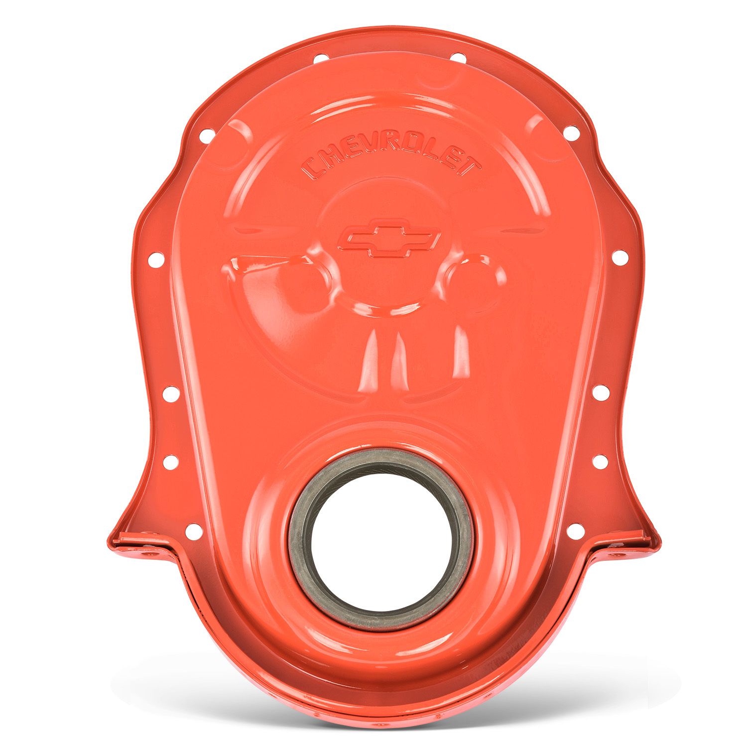 Engine Timing Chain Cover; Chevy Orange; Steel; Embossed Bowtie Logo; BB Chevy