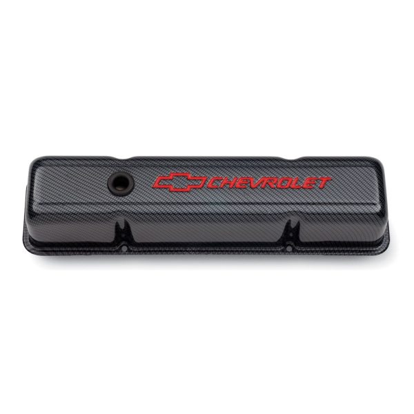 Engine Valve Covers; Stamped Steel; Tall; Carbon w/ Bowtie Logo; Fits SB Chevy
