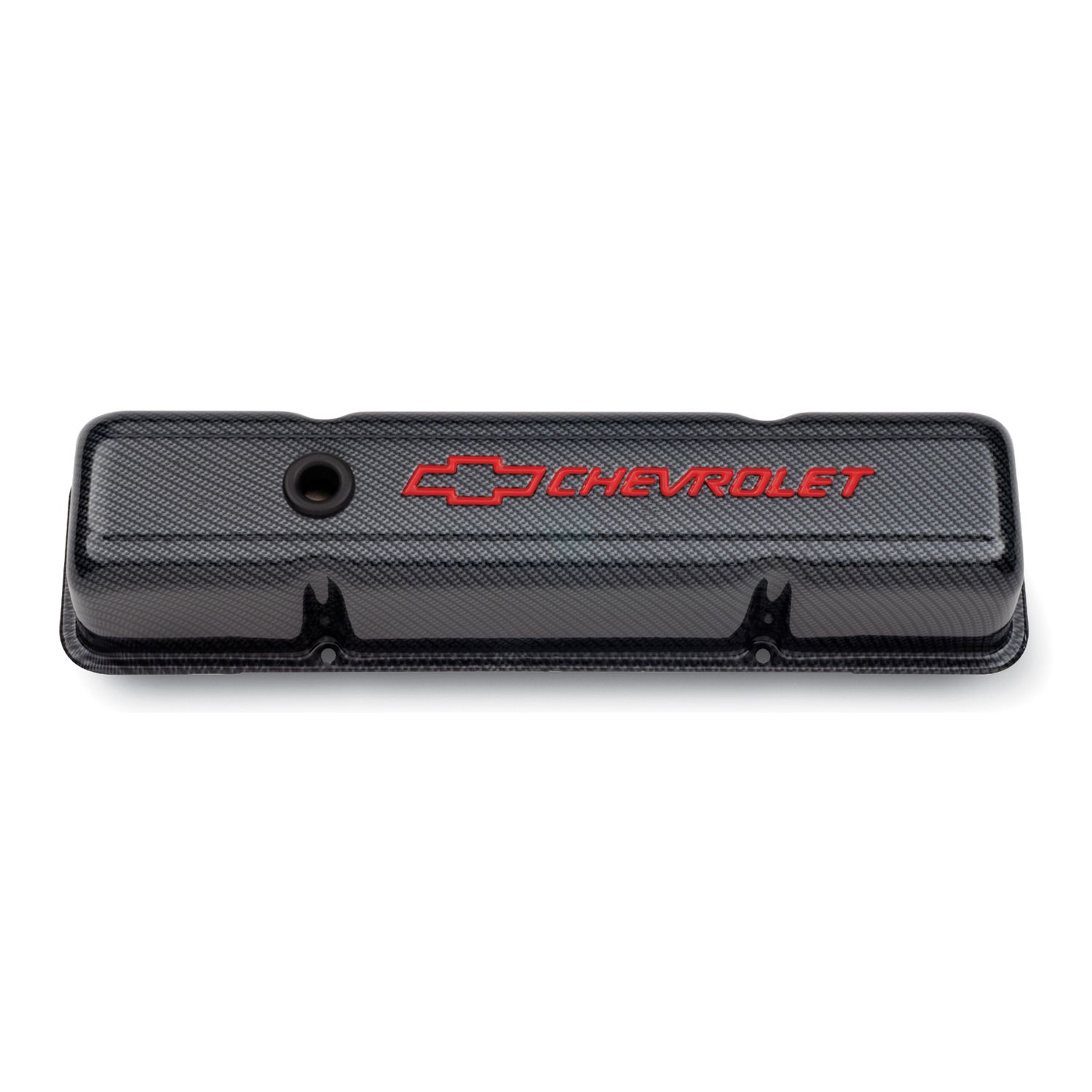 Engine Valve Covers; Stamped Steel; Tall; Carbon w/ Bowtie Logo; Fits SB Chevy
