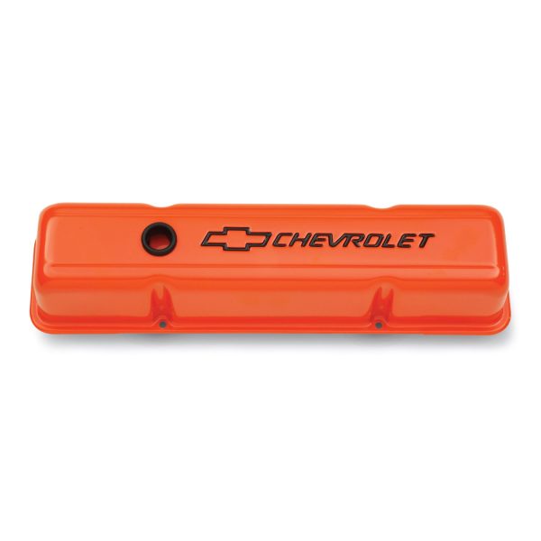 Engine Valve Covers; Stamped Steel; Tall; Orange w/ Bowtie Logo; Fits SB Chevy