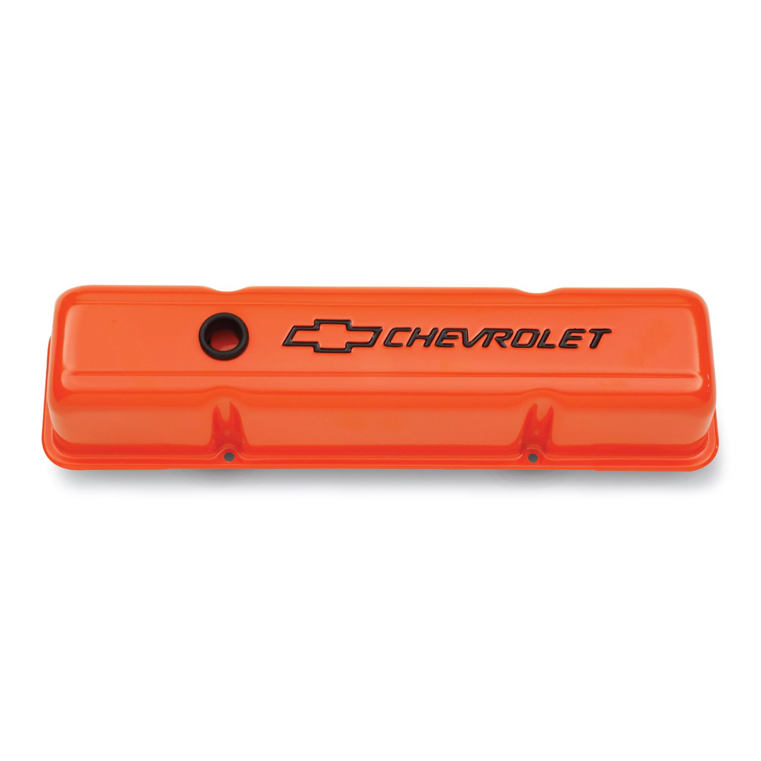 Engine Valve Covers; Stamped Steel; Tall; Orange w/ Bowtie Logo; Fits SB Chevy