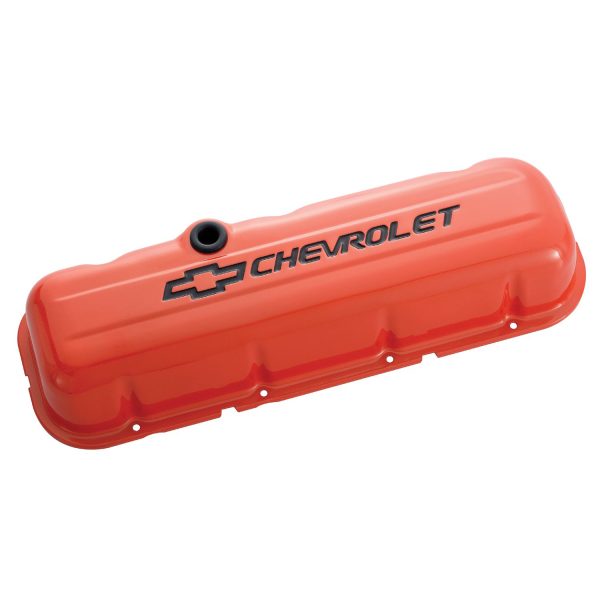 Engine Valve Covers; Stamped Steel; Tall; Orange; w/ Bowtie Logo; Fits BB Chevy