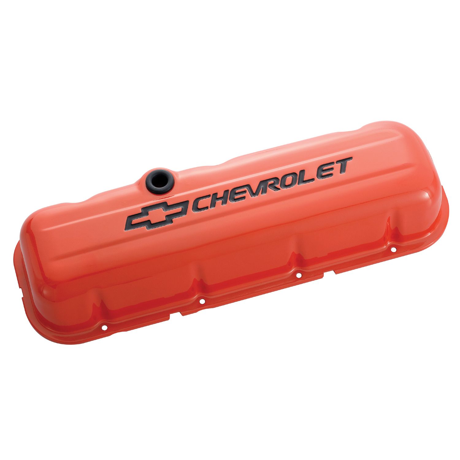Engine Valve Covers; Stamped Steel; Short; Orange; w/ Bowtie Logo; Fits BB Chevy