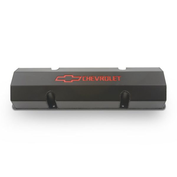 Engine Valve Covers; Fabricated Aluminum; Black with Bowtie Logo; Fits SB Chevy