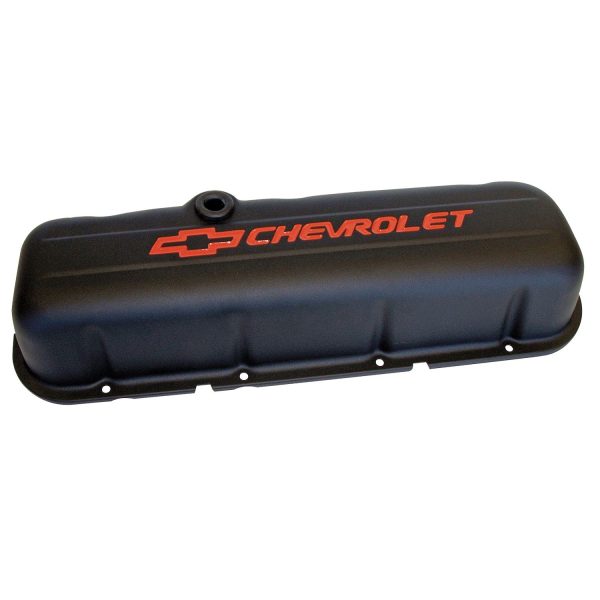 Engine Valve Covers; Stamped Steel; Tall; Black; w/ Bowtie Logo; Fits BB Chevy
