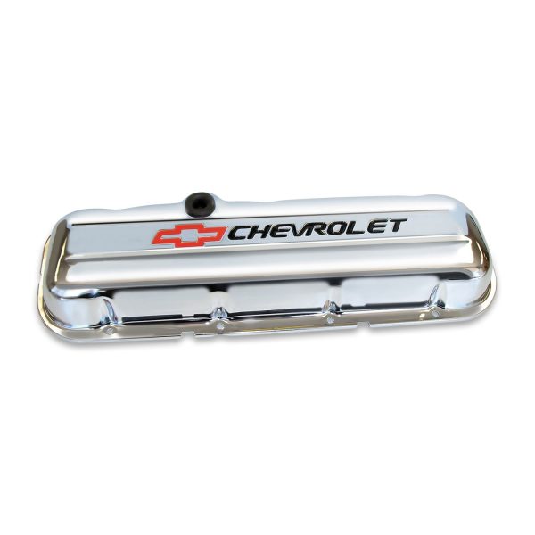 Engine Valve Covers; Stamped Steel; Short; Chrome; w/ Bowtie Logo; Fits BB Chevy