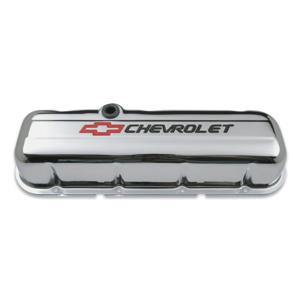 Engine Valve Covers; Stamped Steel; Tall; Chrome; w/ Bowtie Logo; Fits BB Chevy