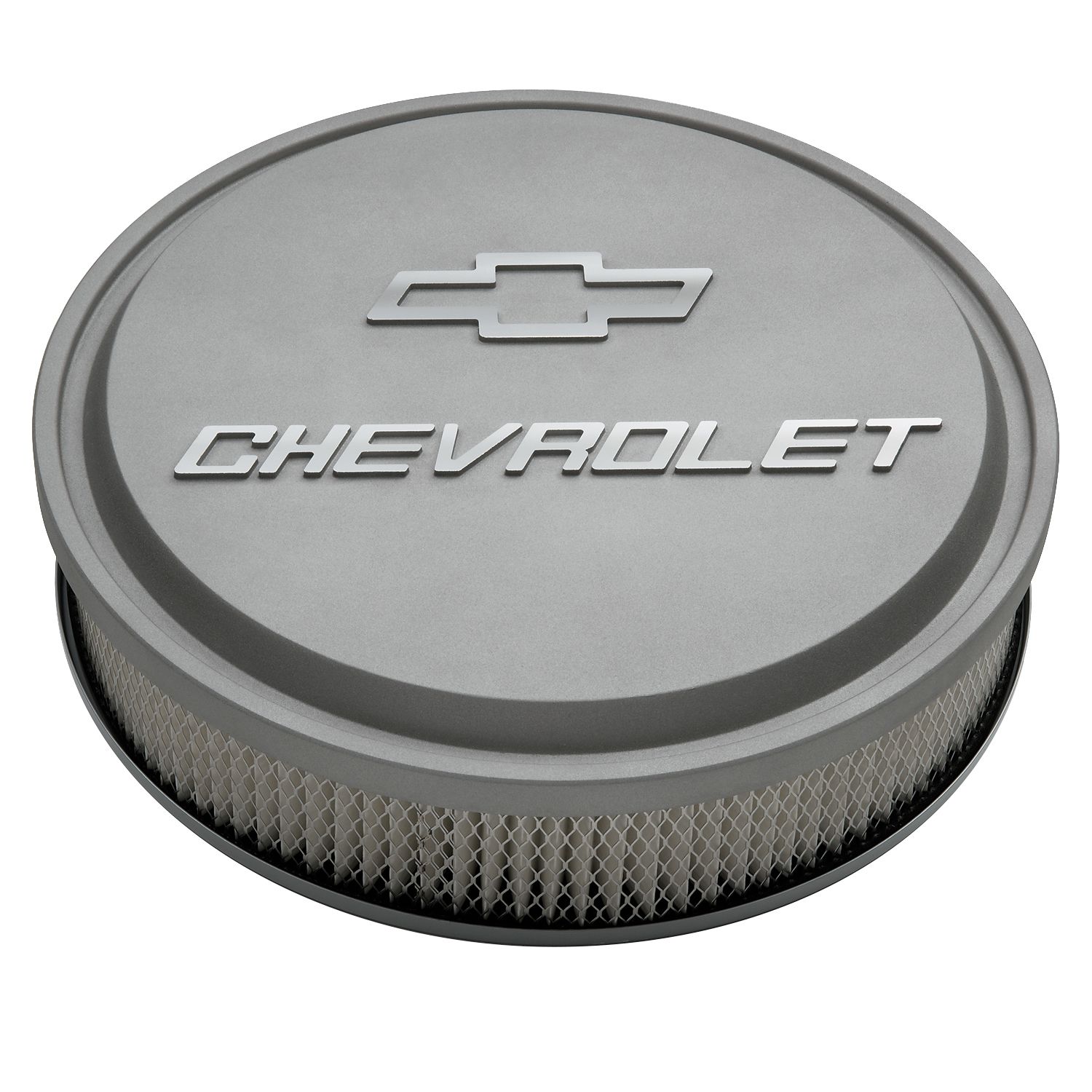 14" Air Cleaner Kit; Aluminum; Gray Crinkle; Raised Chevy and Bowtie Emblems