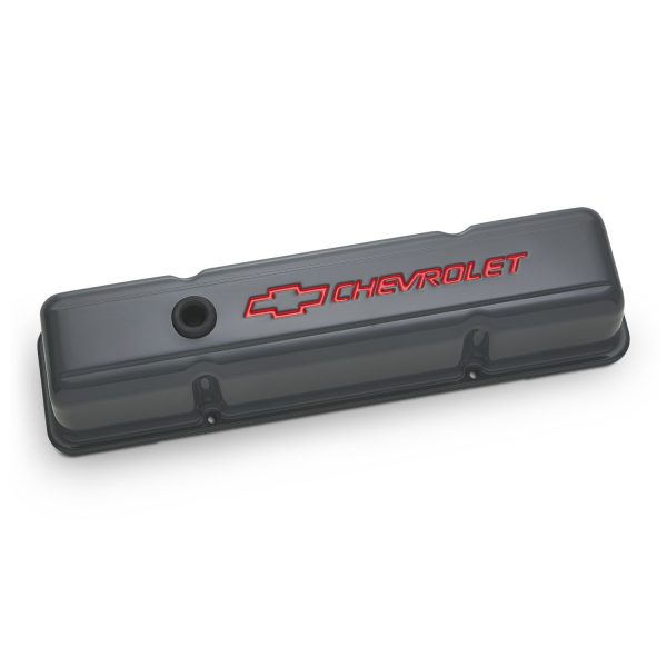 Engine Valve Covers; Stamped Steel; Tall; Shark Gray; Bowtie Logo; Fits SB Chevy
