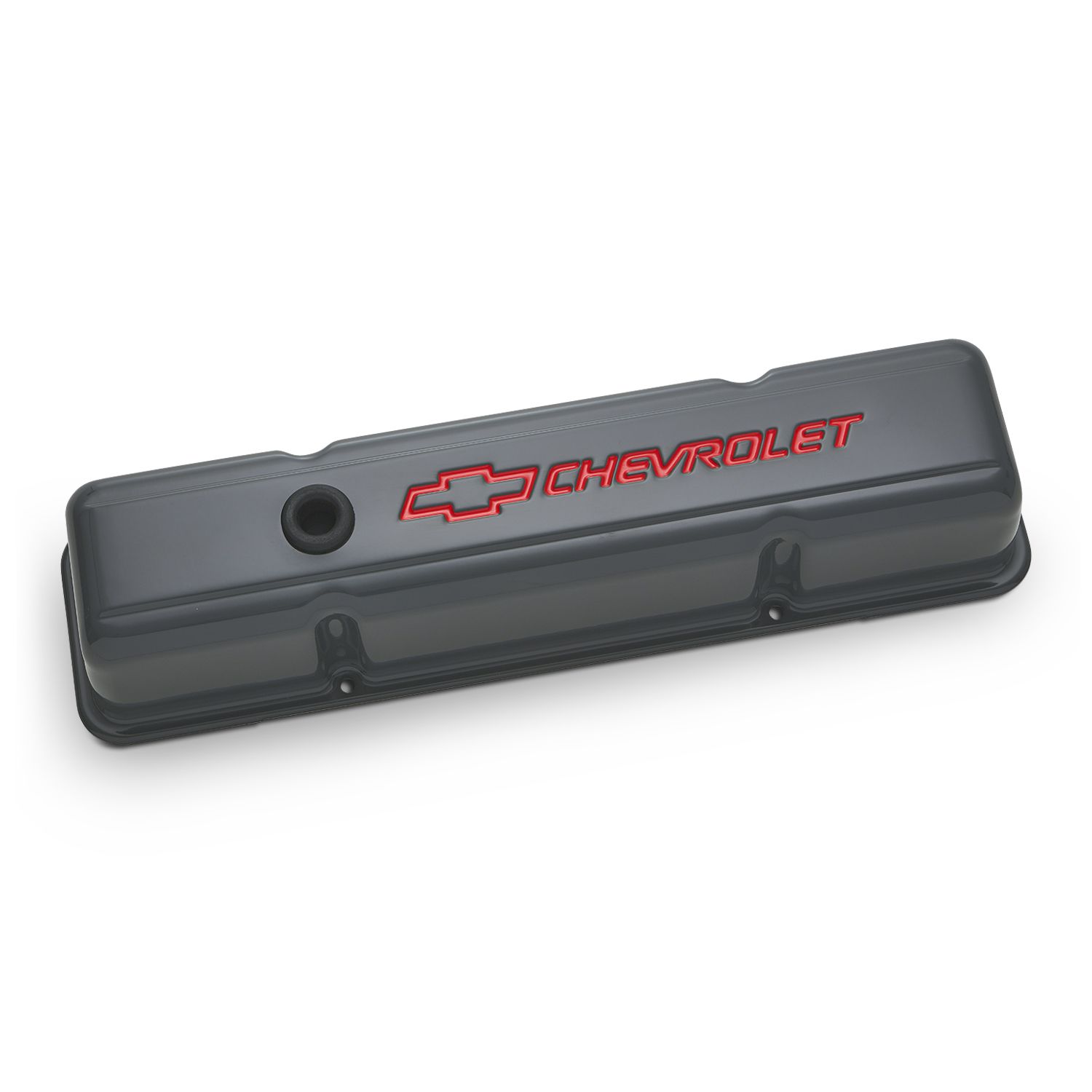 Engine Valve Covers; Stamped Steel; Tall; Shark Gray; Bowtie Logo; Fits SB Chevy