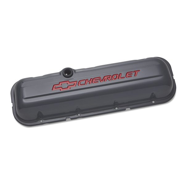 Engine Valve Covers; Stamped Steel; Stock; Shark Gray; w/ Bowtie Logo; BB Chevy