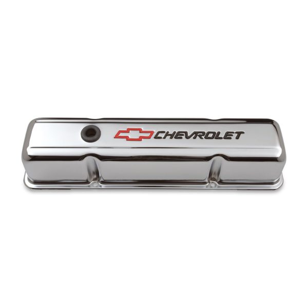 Engine Valve Covers; Stamped Steel; Tall; Chrome; w/ Bowtie Logo; Fits SB Chevy