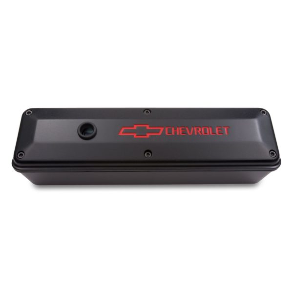 Engine Valve Cover; 2-Piece Tall Style; Die Cast; Black w/Bowtie Logo; SB Chevy