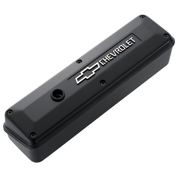 Engine Valve Cover; 2-Piece Tall Style; Die Cast; Black w/Bowtie Logo; SB Chevy