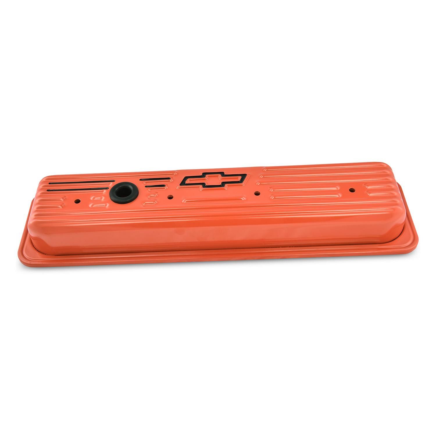 Engine Valve Covers; Center Bolt; Steel; Chevy Orange w/ Bowtie Logo; SB Chevy