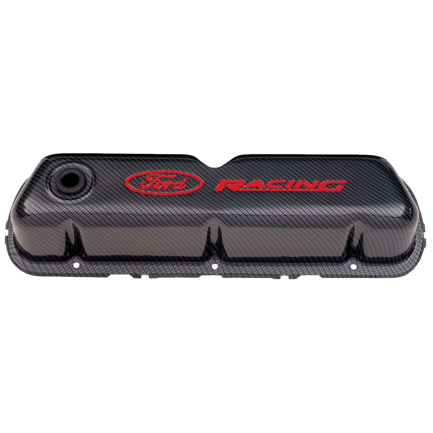 Engine Valve Covers; Tall Style; Steel; Carbon with Ford Logo; For SB Ford