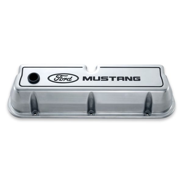 Engine Valve Covers; Tall Style; Die Cast; Polished with Mustang Logo; SB Ford