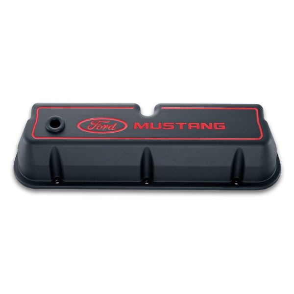 Engine Valve Covers; Tall; Aluminum; Black Crinkle with Mustang Logo; Ford SB