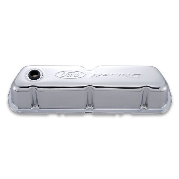 Engine Valve Covers; Tall Style; Steel; Chrome with Ford Logo; For SB Ford