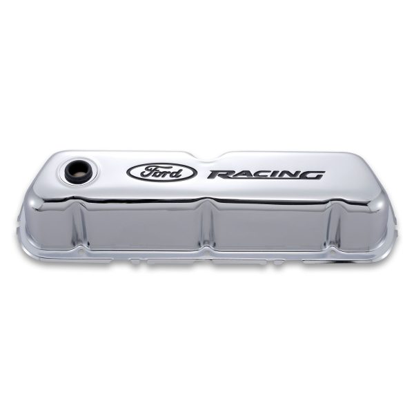 Engine Valve Covers; Tall Style; Steel; Chrome with Ford Logo; For SB Ford