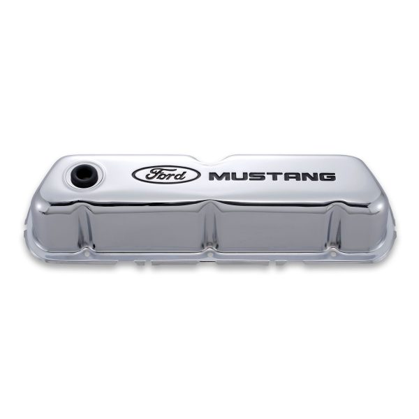 Engine Valve Covers; Tall Style; Steel; Chrome with Mustang Logo; For SB Ford