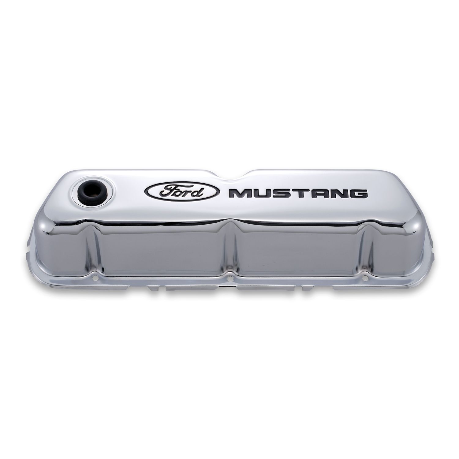 Engine Valve Covers; Tall Style; Steel; Chrome with Mustang Logo; For SB Ford