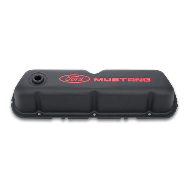 Engine Valve Covers; Tall Style; Steel; Black with Mustang Logo; For SB Ford