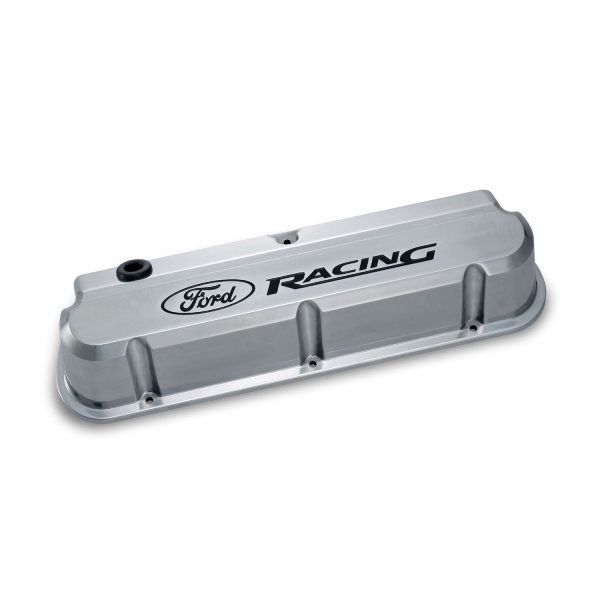 Engine Valve Covers; Tall; Aluminum; Polished with Ford Racing Logo; Ford SB
