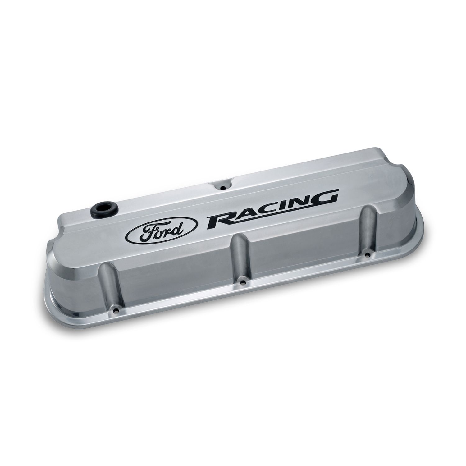 Engine Valve Covers; Tall; Aluminum; Polished with Ford Racing Logo; Ford SB