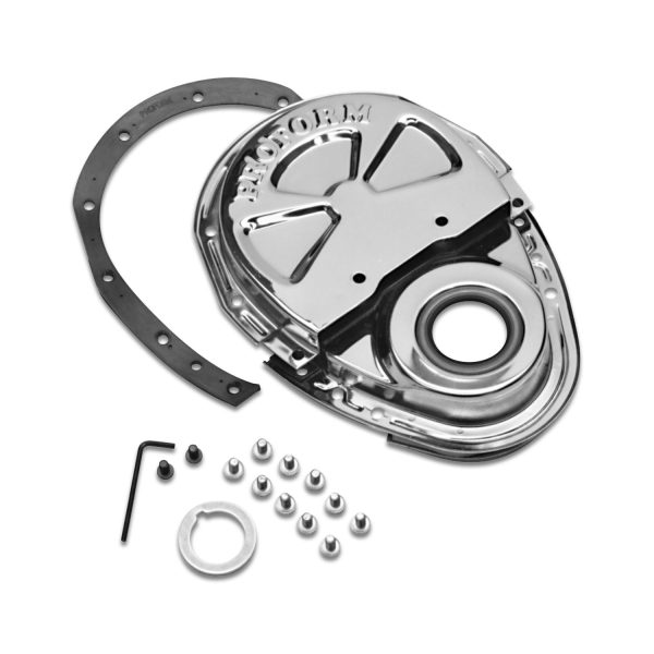 Engine Timing Chain Cover; Chrome; Steel; Two-Piece Style; Fits SB Chevy