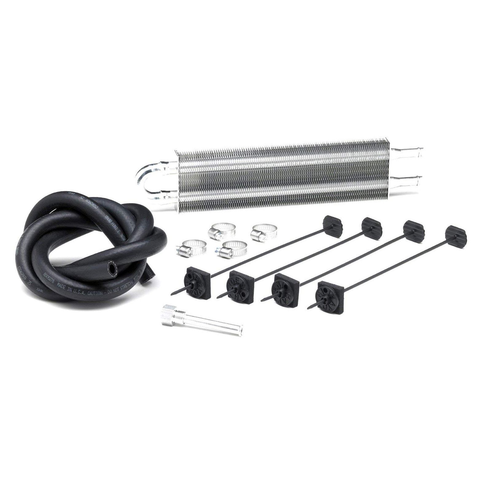 Borgeson - Power Steering Cooler Kit - P/N: 925125 -  Includes 2.5" X 9" Standard 2 pass power steering cooler, cooler mount kit, 6' of high temp power steering return hose, 3/8" hose barb and 4 hose clamps.